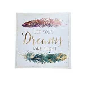 Artwork Whimsical 9" x 9" Print Let Your Dreams Come True Pink Green Feathers